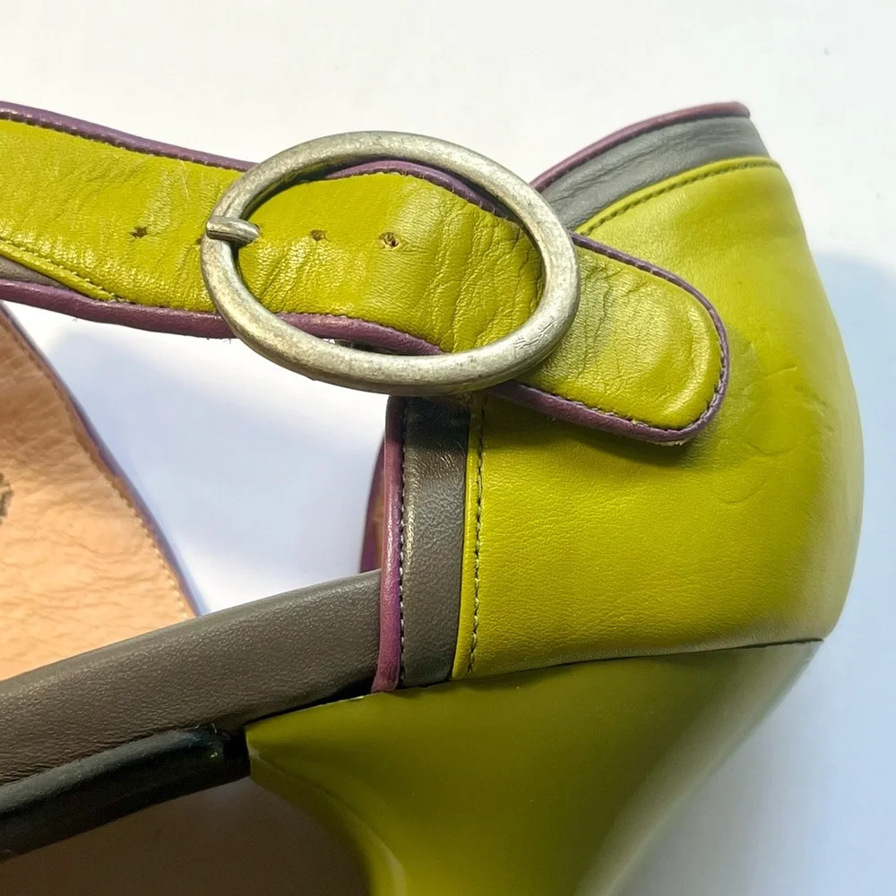 SOLD Fluevog Elif Mary Jane Mini Heels Shoes Olive Green Purple Buckle Strap - Picture 14 of 14